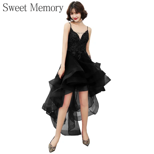 High Low Abendkleid Frauen V-Ausschnitt Perlen lange Party Vestido kleine schwarze Kleider für formelle Gelegenheit Kleid