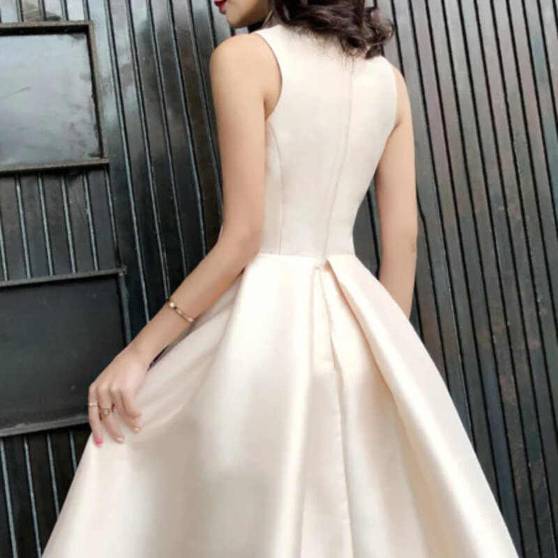 LANMU Champagne Satin Prom Dresses Sleeveless Formal Vestidos Graduation Gowns Bride Guest Wedding Party evening dress With Bow