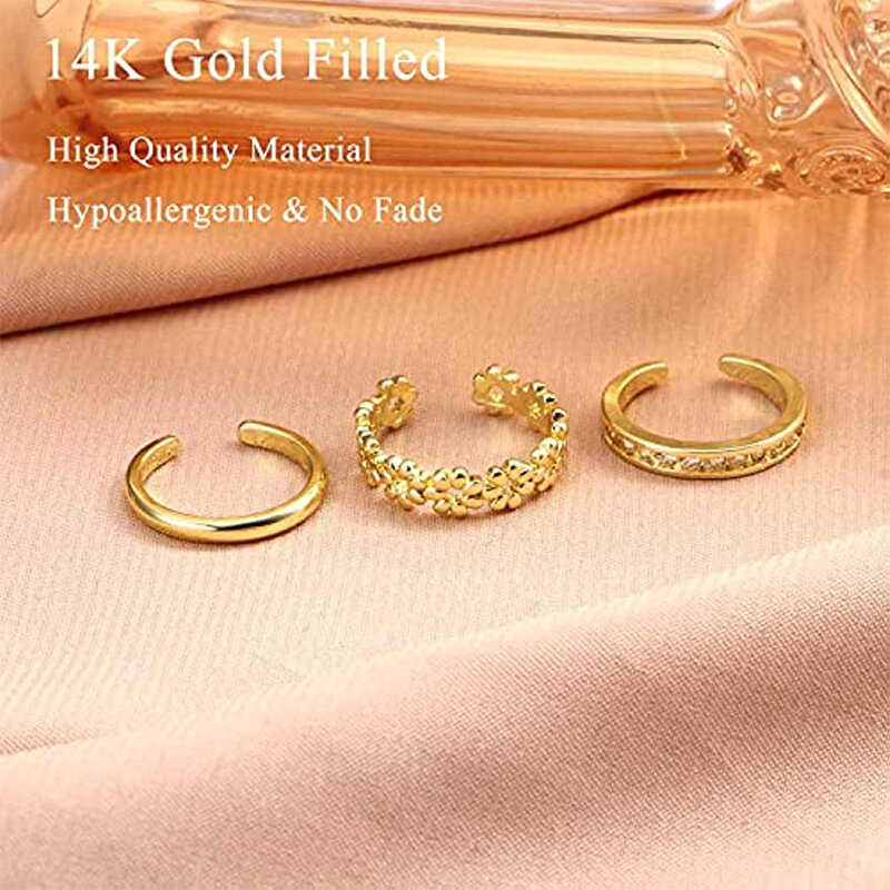 3PCS Filled Toe Rings Set for Women 14K Gold Plating Adjustable Simple CZ Flower Ring Summer Beach Jewelry