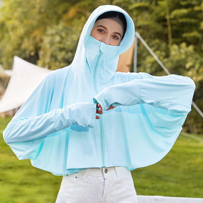 เสื้อฮู้ดกันแดดสำหรับผู้หญิง, แจ็กเก็ตมีฮู้ดแขนยาวบางและสีพื้นเสื้อป้องกันรังสียูวีระบายอากาศชุดนอนสตรีเซ็กซี่น้ำแข็ง