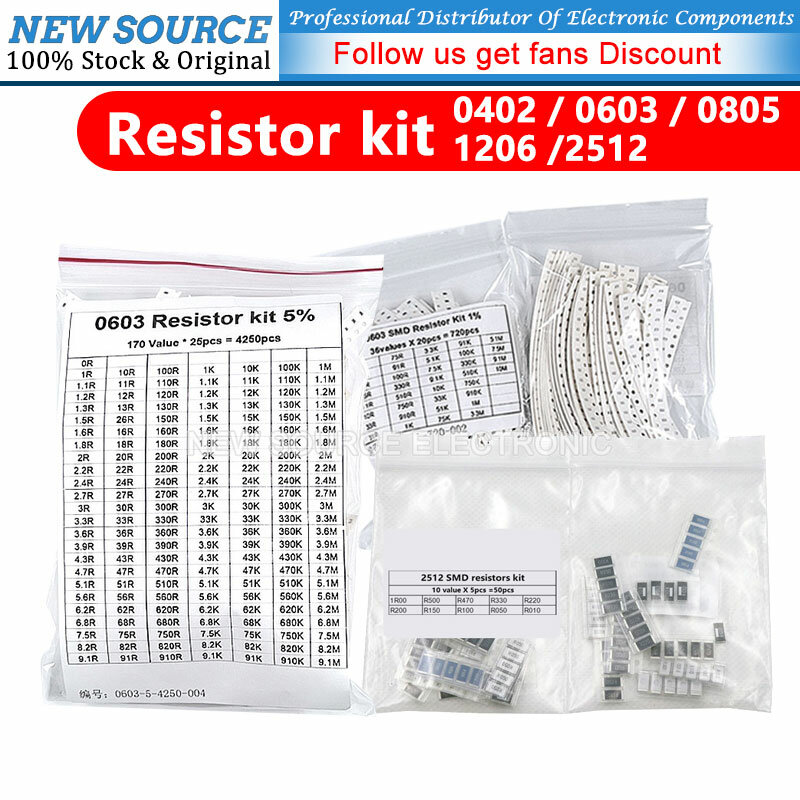 Kit surtido de resistencias SMD, 50-4000 piezas, 0603, 0805, 1206, 1210, 0402, 1R-1M, 1%, 33 valores X 20 piezas, 660, piezas de muestra