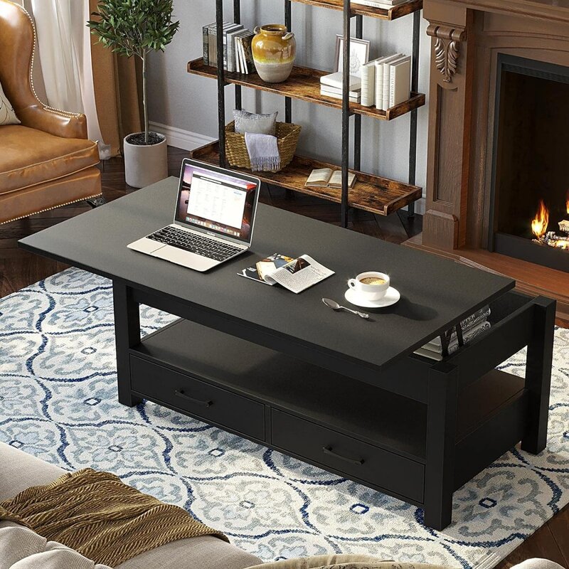 서랍과 숨겨진 칸막이가 있는 리프팅 커피 테이블, 빈티지 센터 테이블, 블랙 커피 테이블