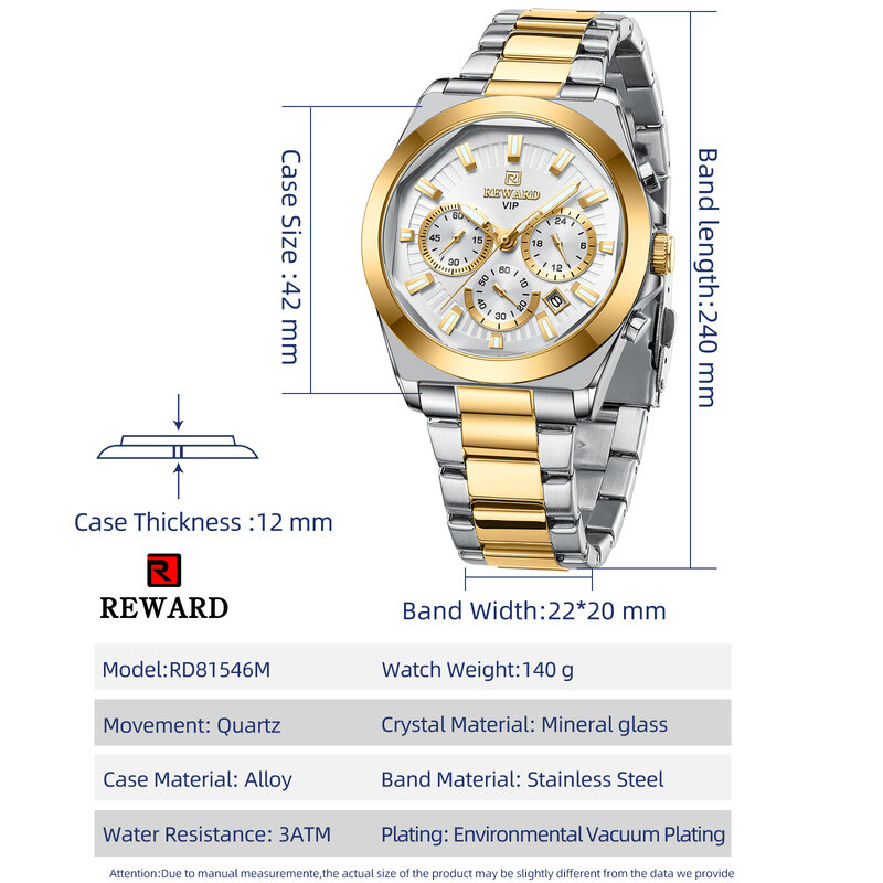 REWARD VIP jam tangan kuarsa untuk pria, arloji bisnis tali baja tahan karat kronograf tahan air dengan tanggal untuk pria