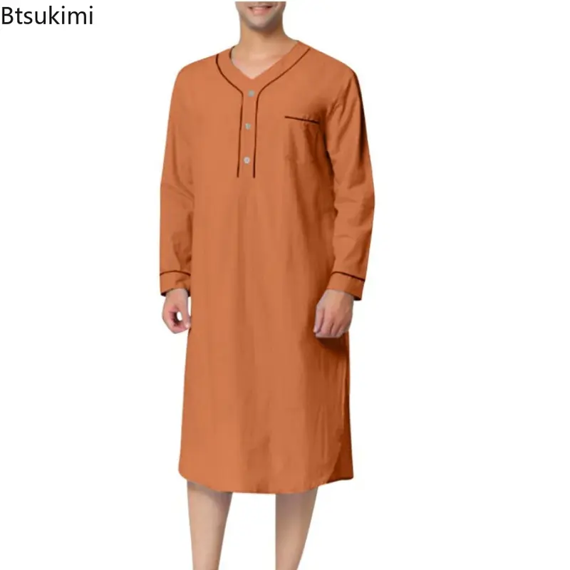 Jubba Thobe masculino de mangas compridas, pijama de cor sólida, roupão muçulmano solto, camisola, roupão de banho masculino, kaftan muçulmano, nova moda, 2024