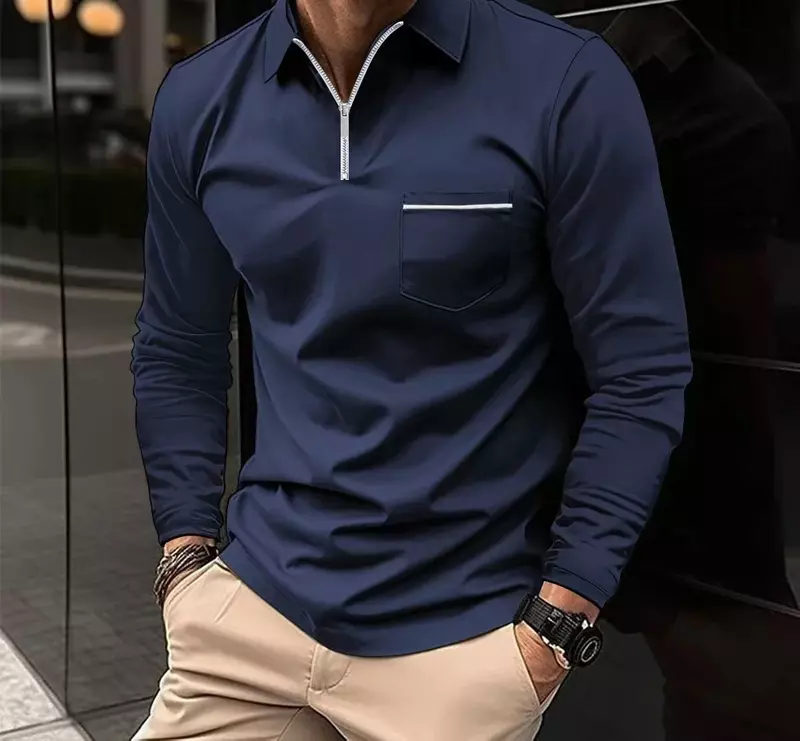 Polo T-Shirts Voor Mannen Mode Veelzijdige Casual Effen Kleur Zak Met Ritssluiting Lange Mouwen Sport Loszittend Shirt Herfst Nieuw 2023