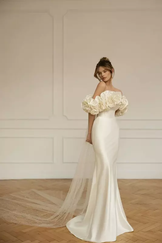 Винтажное свадебное платье-русалка, пикантное платье с открытыми плечами и цветами ручной работы, большие размеры, со съемным шлейфом, свадебное платье