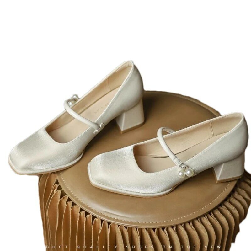Sapatos Mary Jane de salto médio para mulheres, Toe quadrado raso, robusto, bombas de vestido de verão, Lolita, elegante sapato Mujer, novo, 2024
