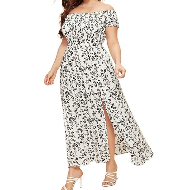 Elastic Chest Wrapped Boho Women Dress Plus Size Short Sleeve High Waist Split Flowy Hem Off Shoulder Floral Print Maxi  Dress