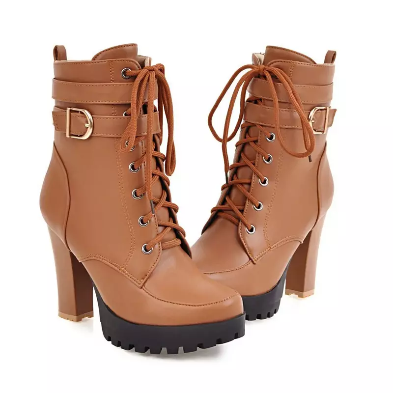 Autumn Winter Classic Buckles Thick Heel Ankle Boots Women's British Style Cross Strap High Heels Retro Chunky Ladies Booties