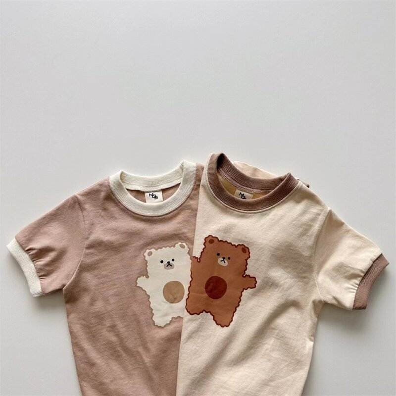 Monos de algodón para niños y niñas, ropa de manga corta con estampado de oso, para exteriores, para recién nacidos