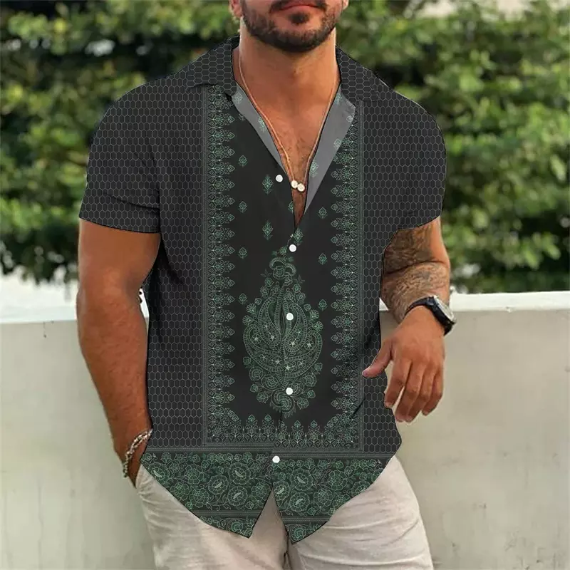 Camisa estampada com padrão vertical masculina, manga curta, botão com gola flip, roupa de tecido confortável, moda rua, verão, 2024