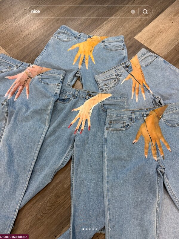 Jeans de mão Harajuku para homens e mulheres, calças largas de cintura alta, bordado gráfico impresso, calças skinny Y2K, streetwear