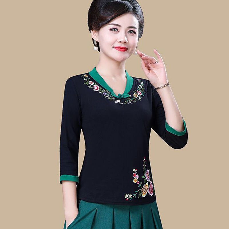 Cheongsam-Tops de talla grande para mujer, Camisa de algodón bordado con cuello en V, traje de baile tradicional de estilo chino, 2024
