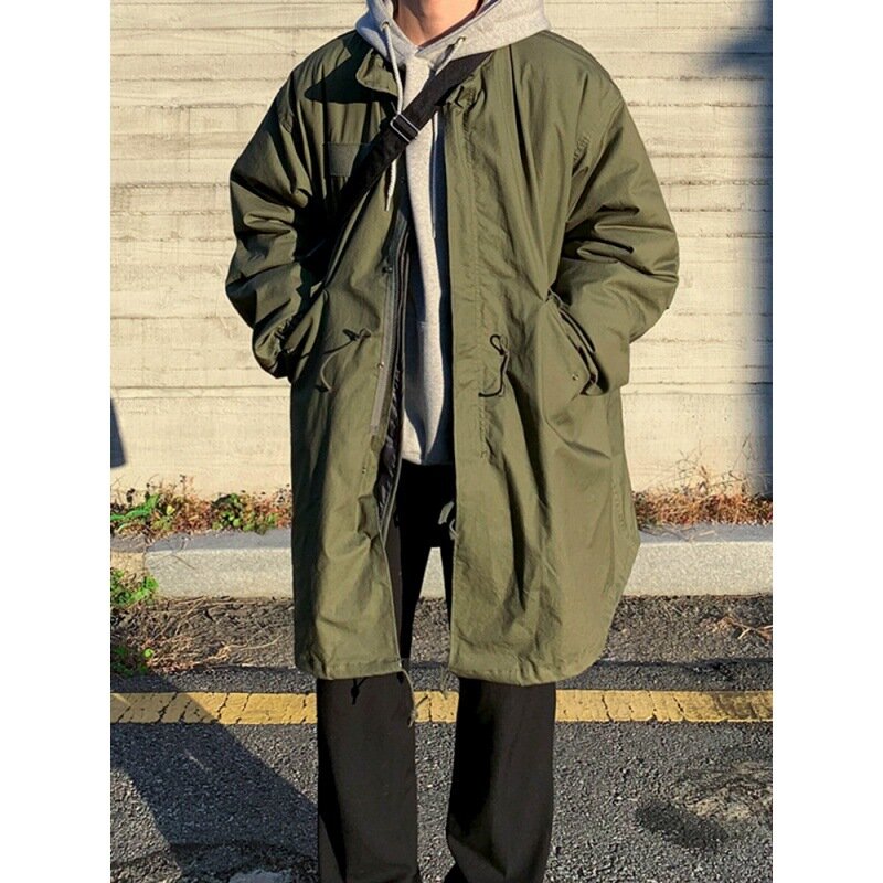 Inverno engrossado casaco de algodão médio e longo blusão masculino versão coreana all-in-one ins moda solta casaco de algodão japonês