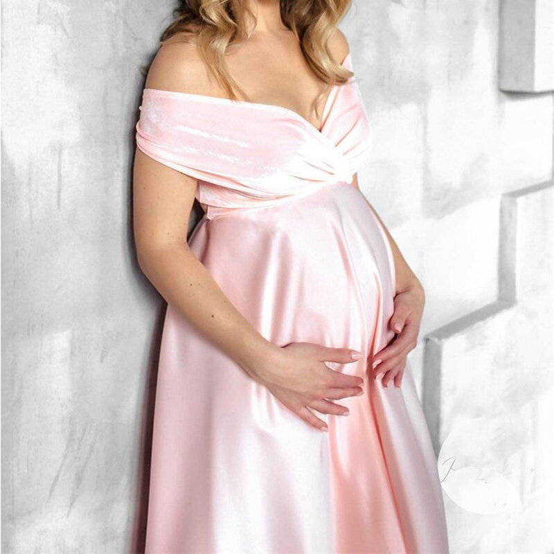 Gaun panjang wanita sutra elegan kerah V dalam musim panas pesta Babyshower foto sesi gaun bersalin seksi fotografi hamil