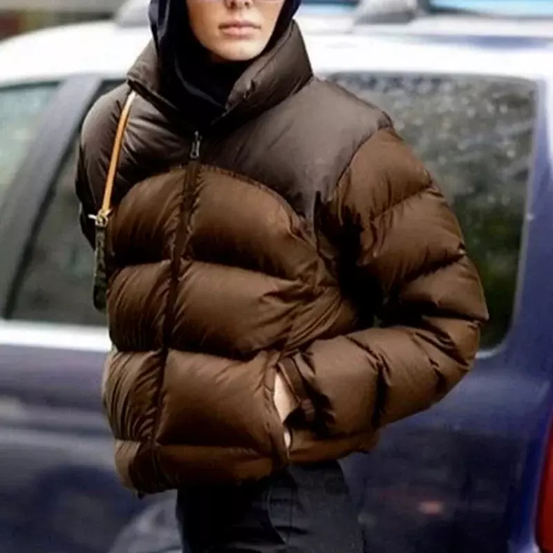 Jaqueta grossa feminina, casaco bolha, gola alta, costura contrastante, fina, curta, inverno e outono
