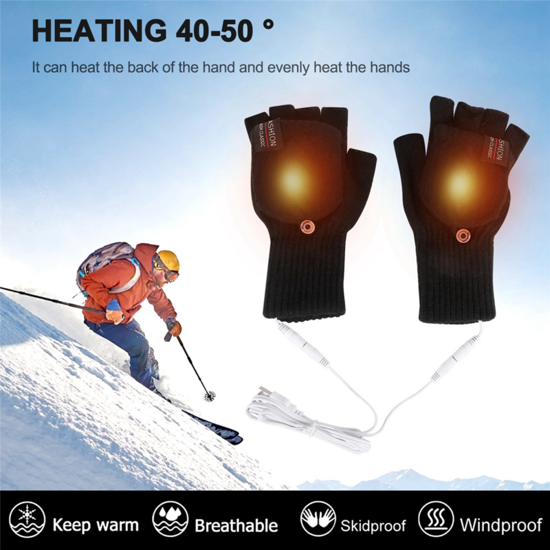 Luvas aquecidas elétricas USB, luva sem dedos conversível, luvas ajustáveis, preto, ciclismo e esqui, aquecimento de 2 lados