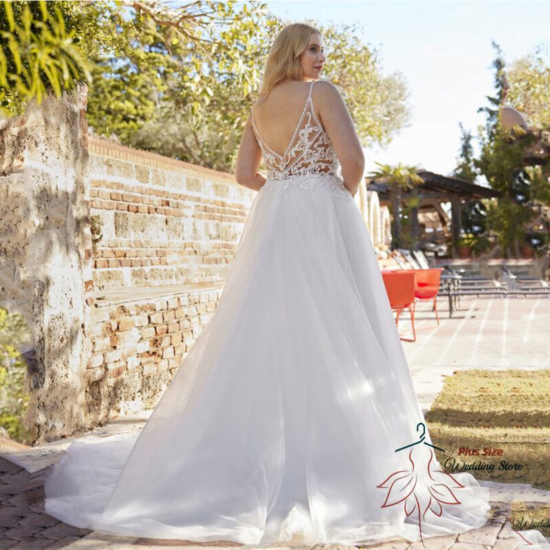 Gaun pernikahan kualitas tinggi 2023 sendok tanpa lengan Backless gaun pengantin Tulle A-Line menyapu kereta Vestido De Noiva ukuran Plus