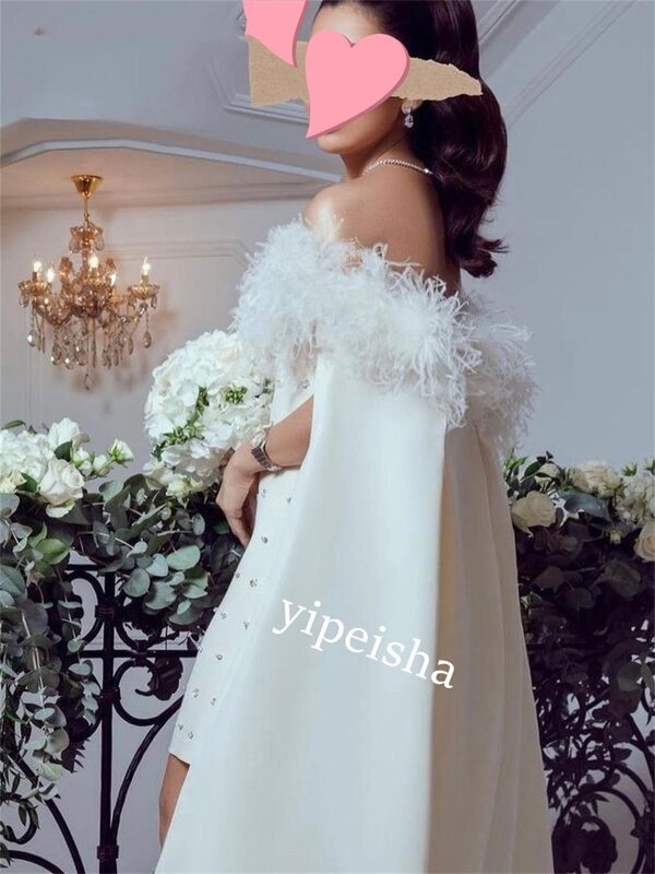 Prom Dress Evening Satin Feather Beading Formal A-line Off-the-shoulder Bespoke Occasion Gown Knee Length Dresses Saudi Arabia