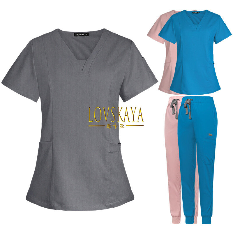 Fato cirúrgico manga curta V-Neck, uniforme hospitalar feminino, roupa de trabalho da enfermeira, escova mão, Split, elástico