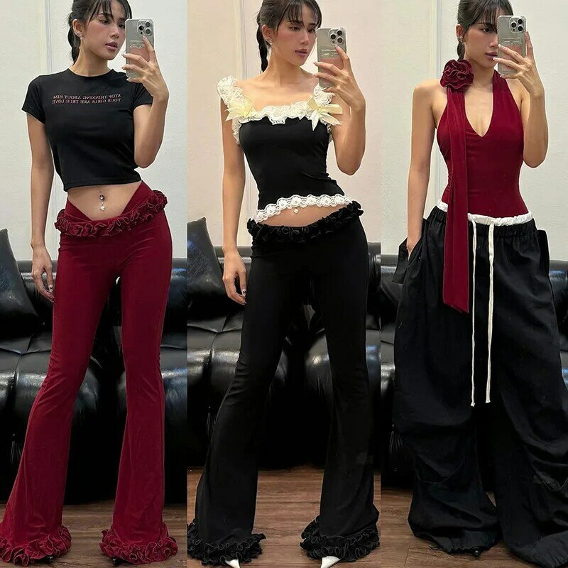TARUXY Ruffled Lace High Elasticity Trousers For Women New Slim Fit Low-waist Navel-Baring Summer Hot Girl Solid Patchwork Pants
