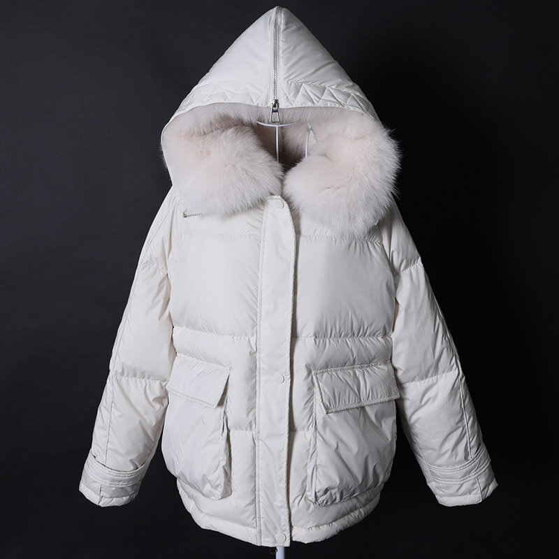 Maomaokong lose echte Fuchs Pelz kragen weiße Enten Daunen jacke Frauen Winter Luxus Puffer Mantel übergroße Feder Outwear