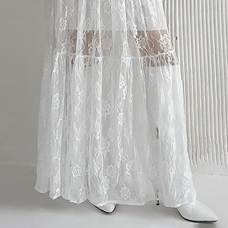 TARUXY Jacquard See-Through Sexy High-Waisted Skirt Women's Summer New loose A-line Long Skirt Lace Patchwork Solid Color Female