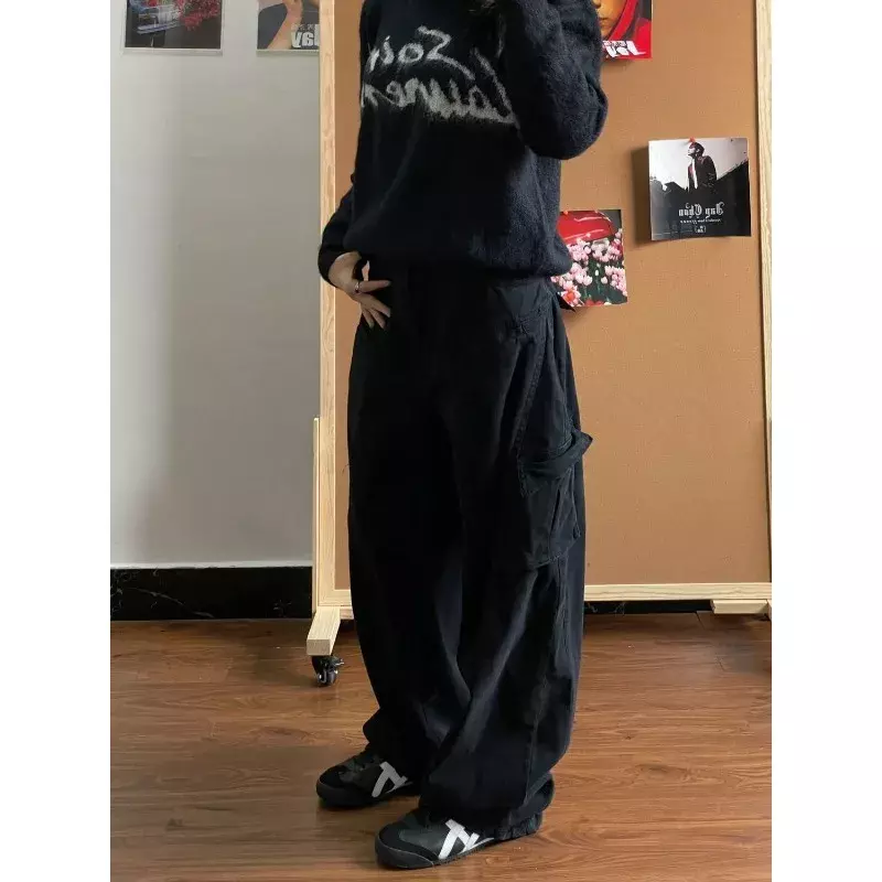 Deeptown-pantalones vaqueros holgados para mujer, ropa de calle gótica coreana, estilo Harajuku japonés, color negro