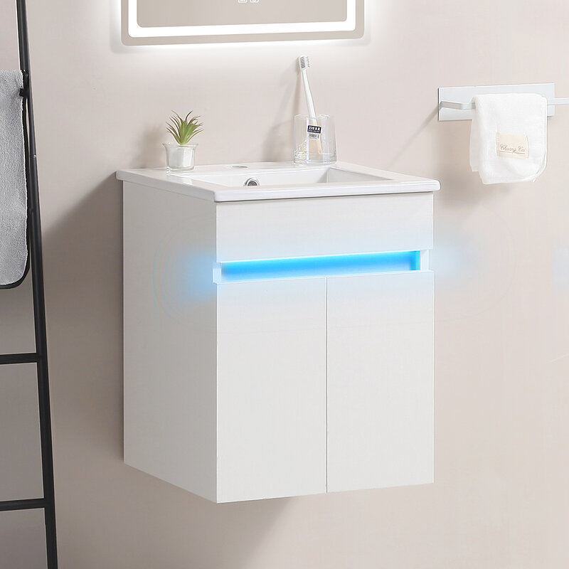 16 Zoll Wand Bad Eitelkeit Badezimmers chrank mit Keramik Waschbecken Sensor Licht Überlauf loch 2 Türen Waschtisch