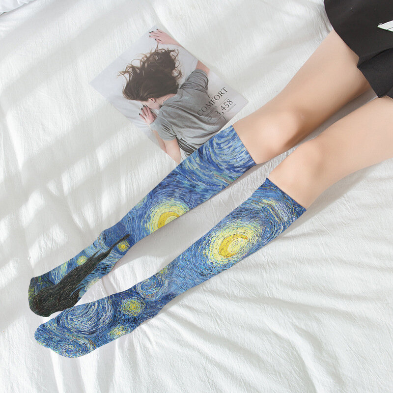 Van Gogh Mural World Famous Painting Sunflower Stockings Women Novelty Casual Long Socks Classic Retro Personality Thin Socks