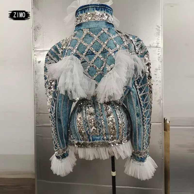 two pieces Sequin Coats dress Women Mesh Ruffles Faux Denim Jacket Nightclub Hip Hop Rap Jazz Singer Stage drag queen Costumes