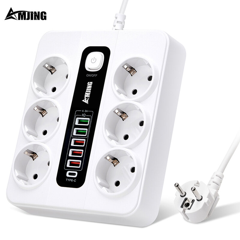 Power Strip EU Plug European Standard Socket Surge Protector Charger 6 Outlets 2M Wire Extension Cable Line Board With Type c