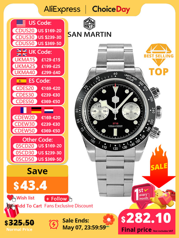 San Martin-reloj deportivo para hombre, cronógrafo Retro de lujo, ST1901, Manual, mecánico, zafiro, 10bar, 40mm