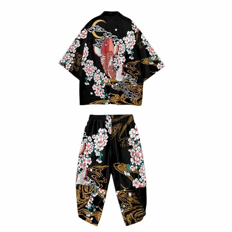 Conjunto de ropa de calle japonesa Haori asiática para hombre y mujer, conjunto de pantalones recortados con estampado Floral de carpa, cárdigan, Cosplay de Yukata, Verano