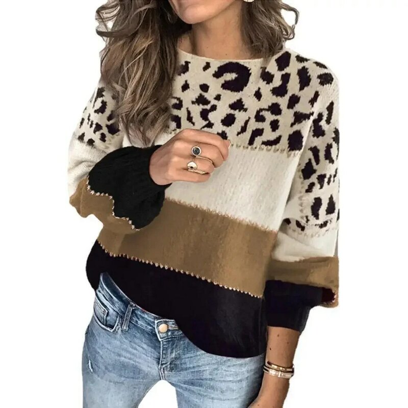 Suéter casual de manga comprida feminino, pulôver solto com base, gola redonda, novo contraste, outono e inverno, 2023