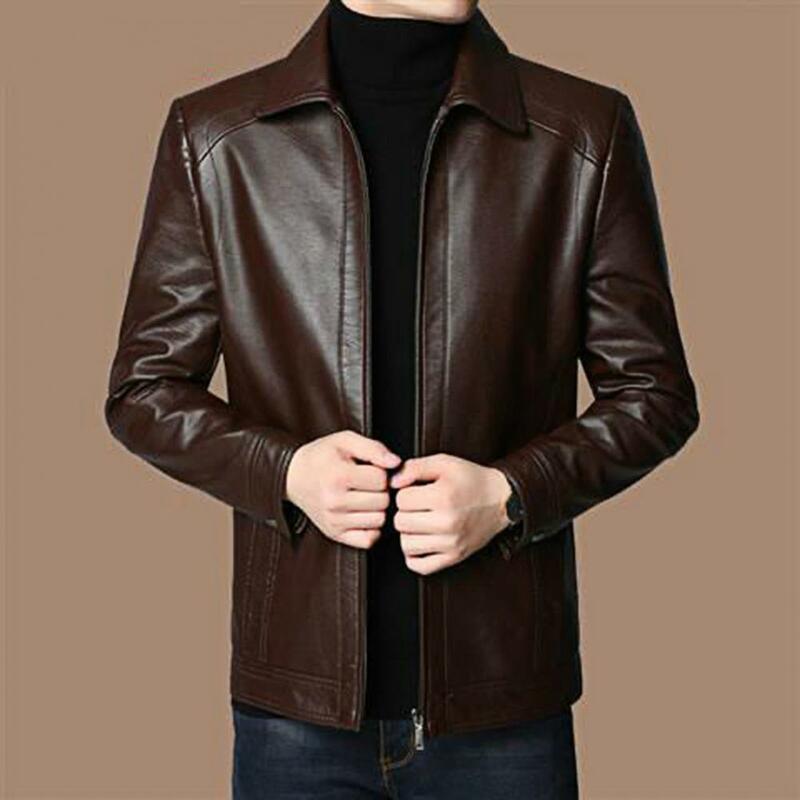 Jaket kulit sintetis pria, jaket kulit tiruan pria, pakaian luar trendi tahan angin hangat untuk musim gugur dan musim dingin