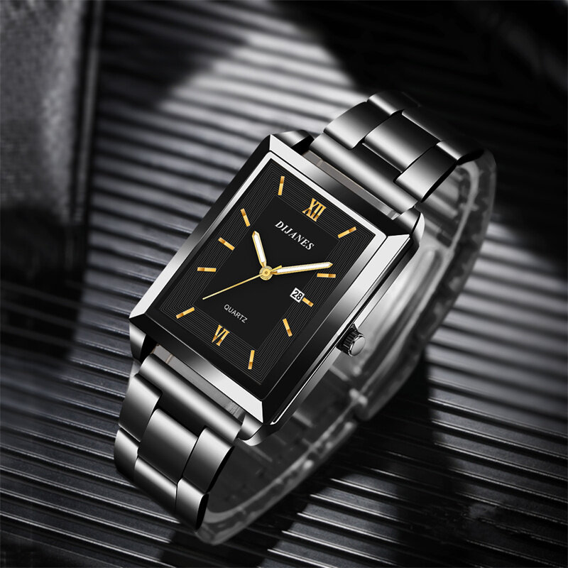 Reloj de pulsera de cuarzo para hombre, cronógrafo de negocios, de acero inoxidable, rectangular, informal, de cuero, a la moda