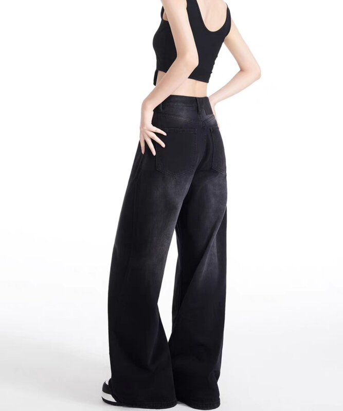 Jean Vintage à Jambes Larges Noir et Gris pour Femme, Pantalon Taille Haute, Style Américain, Nouvelle Collection Automne 2024