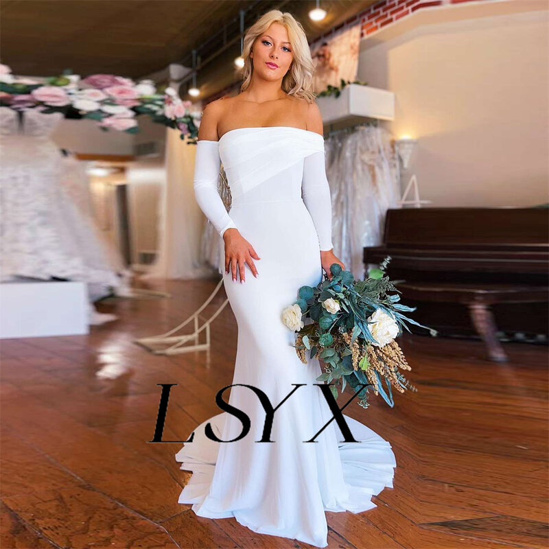 LSYX Elegant Off-Shoulder Crepe Pleats Mermaid Wedding Dress 2023 Zipper Back Simple Court Train Bridal Gown Custom Made