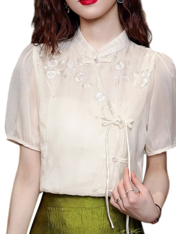 Kaus renda sifon lengan pendek wanita, atasan blus longgar bordir bunga gaya China, Kaus musim panas renda untuk perempuan