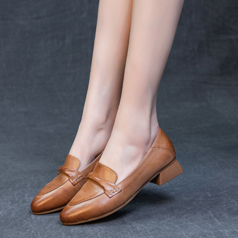 New Thick Heel Soft Sole Cowhide Pointed Shallow Top Women's Shoes