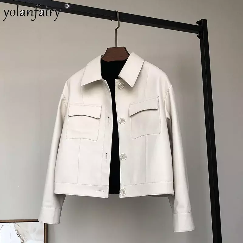Jaquetas de couro genuíno para mulheres, casaco de pele de carneiro real jaqueta de couro natural, Outerwear coreano, novo no outono, 2023