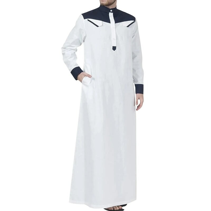 전통 이슬람 의류 대비 색상 이슬람 드레스 중동 Jubba Thobe 남성 가운 W/긴 소매 만다린 목