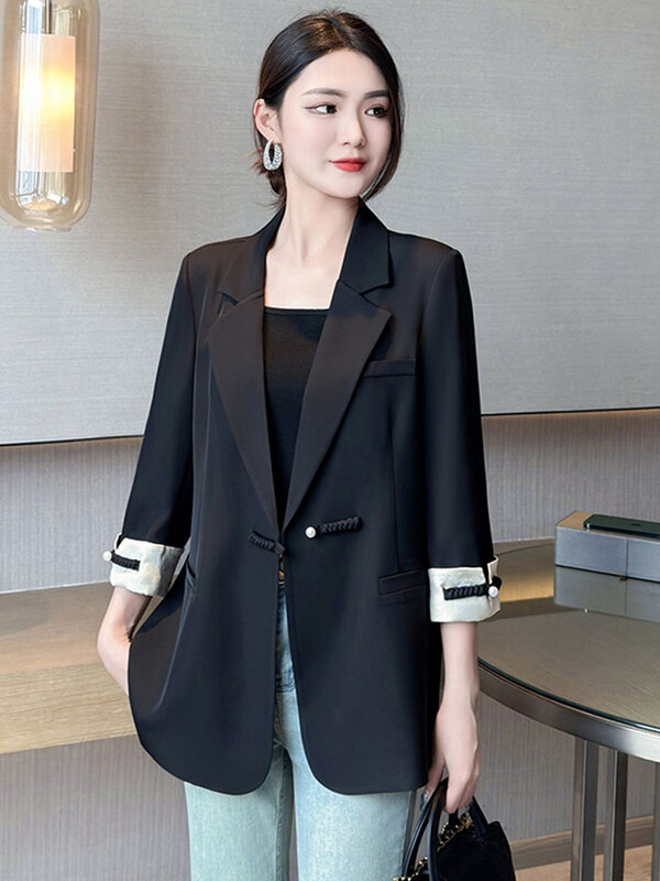 Jaket setelan wanita nasional gaya Cina, atasan Blazer setelan elegan kasual ukuran Plus gesper Retro baru musim semi dan musim panas 2024