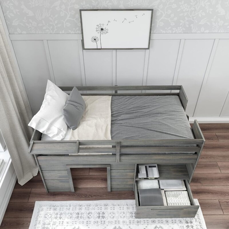 Tempat tidur loteng rendah kayu Solid dengan laci penyimpanan dan tangga bingkai tempat tidur anak-anak basis kayu apung & bingkai furnitur anak-anak