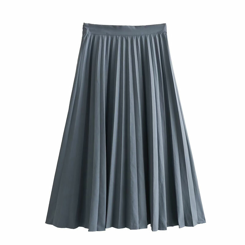TRAF High Waist Pleated Midi Skirt For Women Spring Summer New Fashion Style With Versatile Regulai Fit Office Lady Grey Skirt
