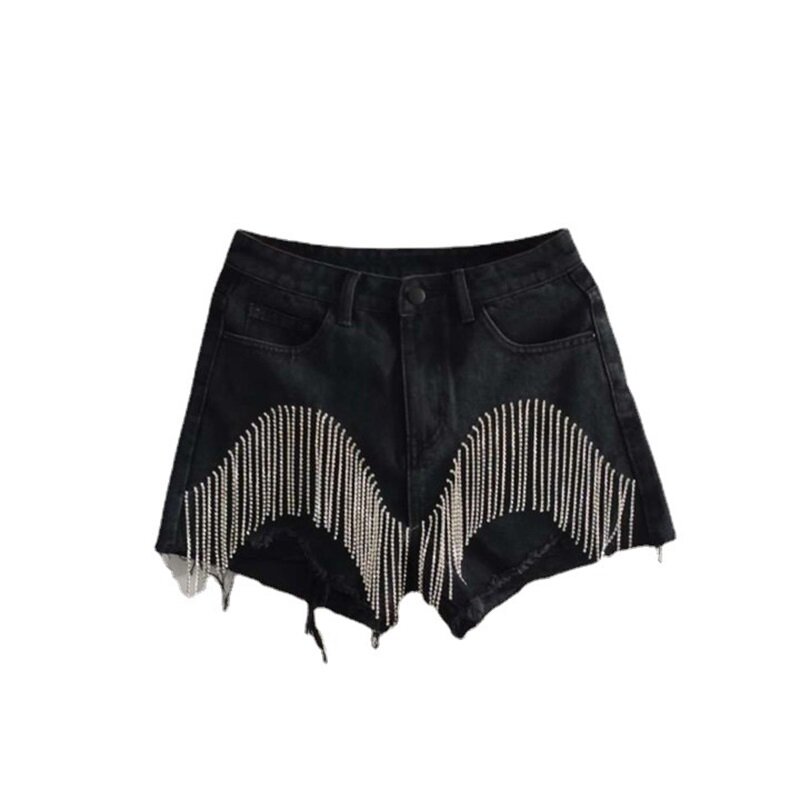 Jeans shorts für Frauen Strass Quaste Sommer heißes Mädchen Durchbruch hohe Taille Kette Slim Fit Straight Barrel sexy Mini-Hose