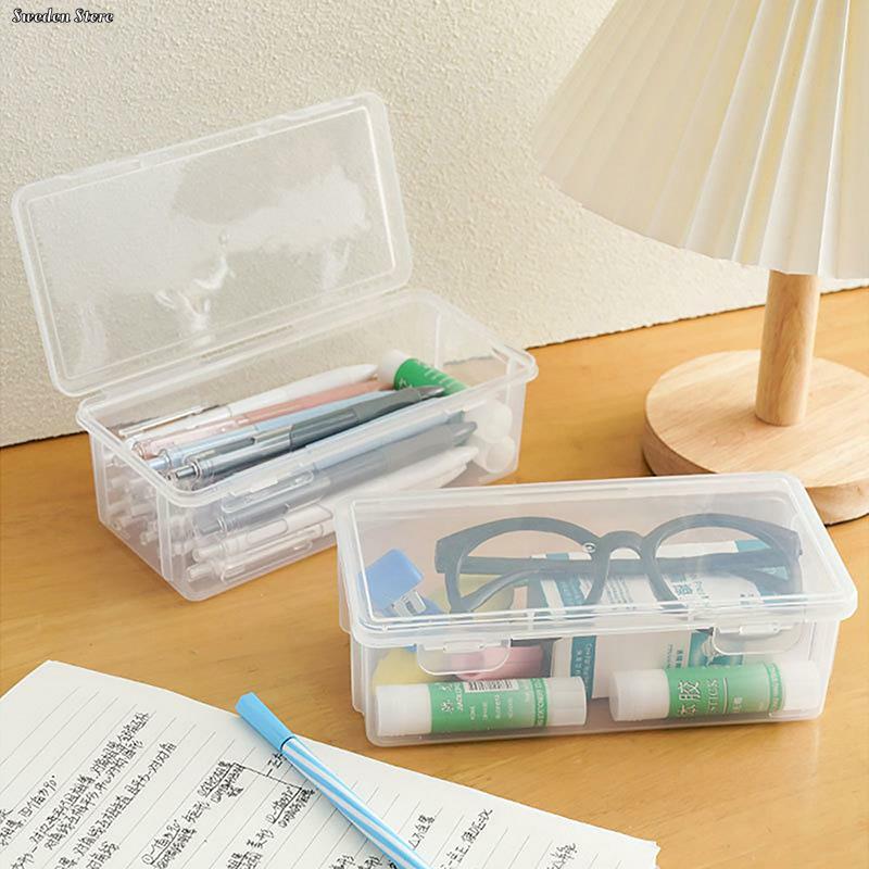 Kotak pensil plastik kapasitas besar, 1 buah kotak pensil bening transparan dapat ditumpuk, kotak pengatur perlengkapan kantor grosir