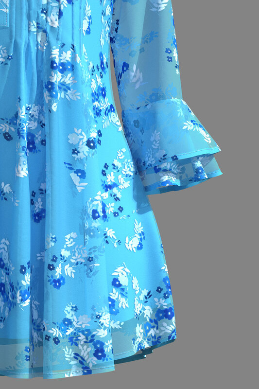 Flycurvy Plus Size elegante blaue Chiffon Blumen druck Plissee Doppels chicht Rüschen Manschette Ärmel Bluse