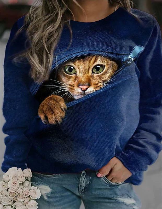 เสื้อวอร์มแฟชั่นสำหรับผู้หญิง3D พิมพ์ลายสัตว์แมวเด็กผู้หญิงโอเวอร์ไซส์เสื้อคอยาวมีฮู้ดแบบสวมหัว
